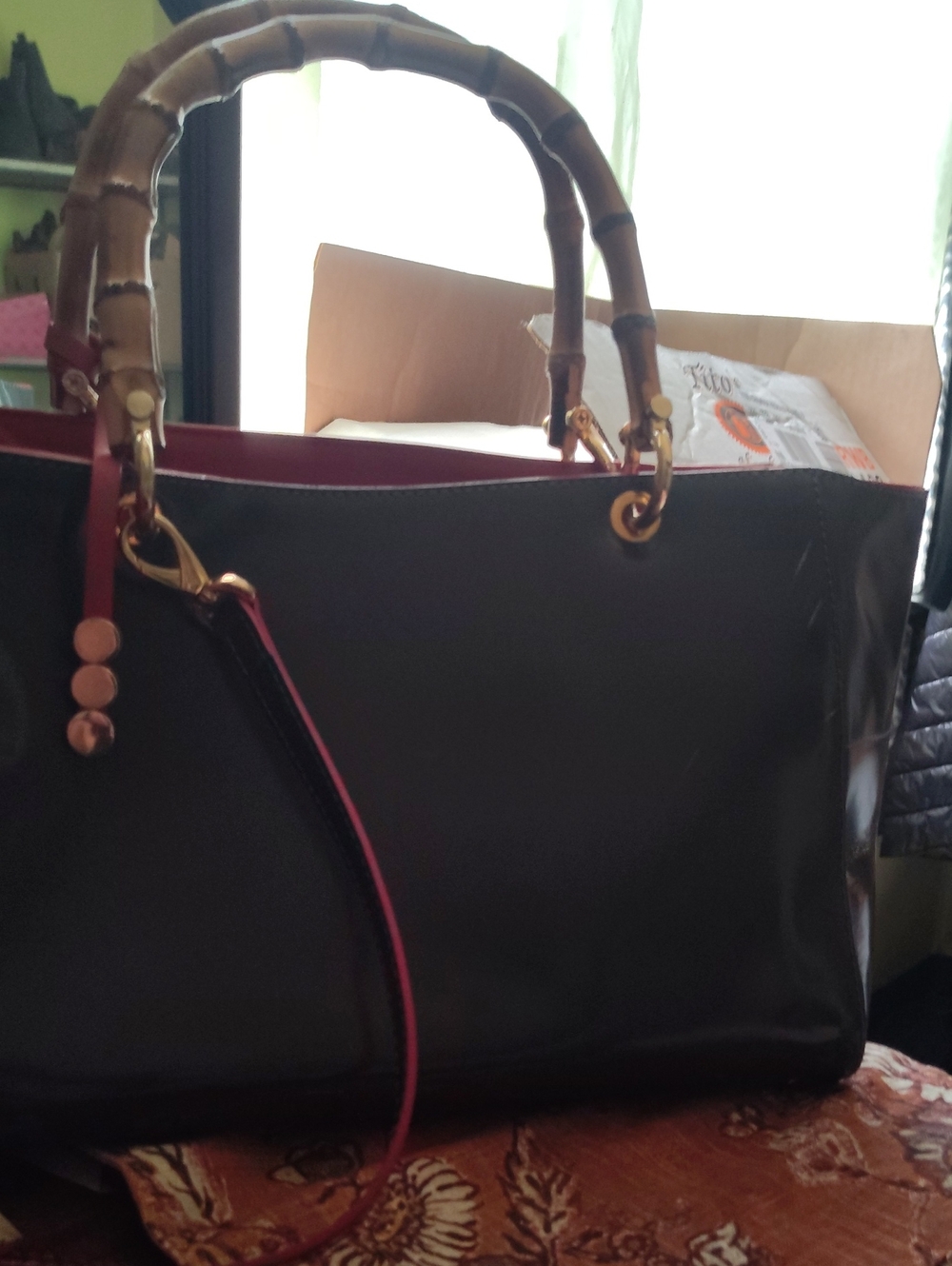 Women's Gray AND Red Patent Italian LeathTote with Red Trim and Bamboo Handles.